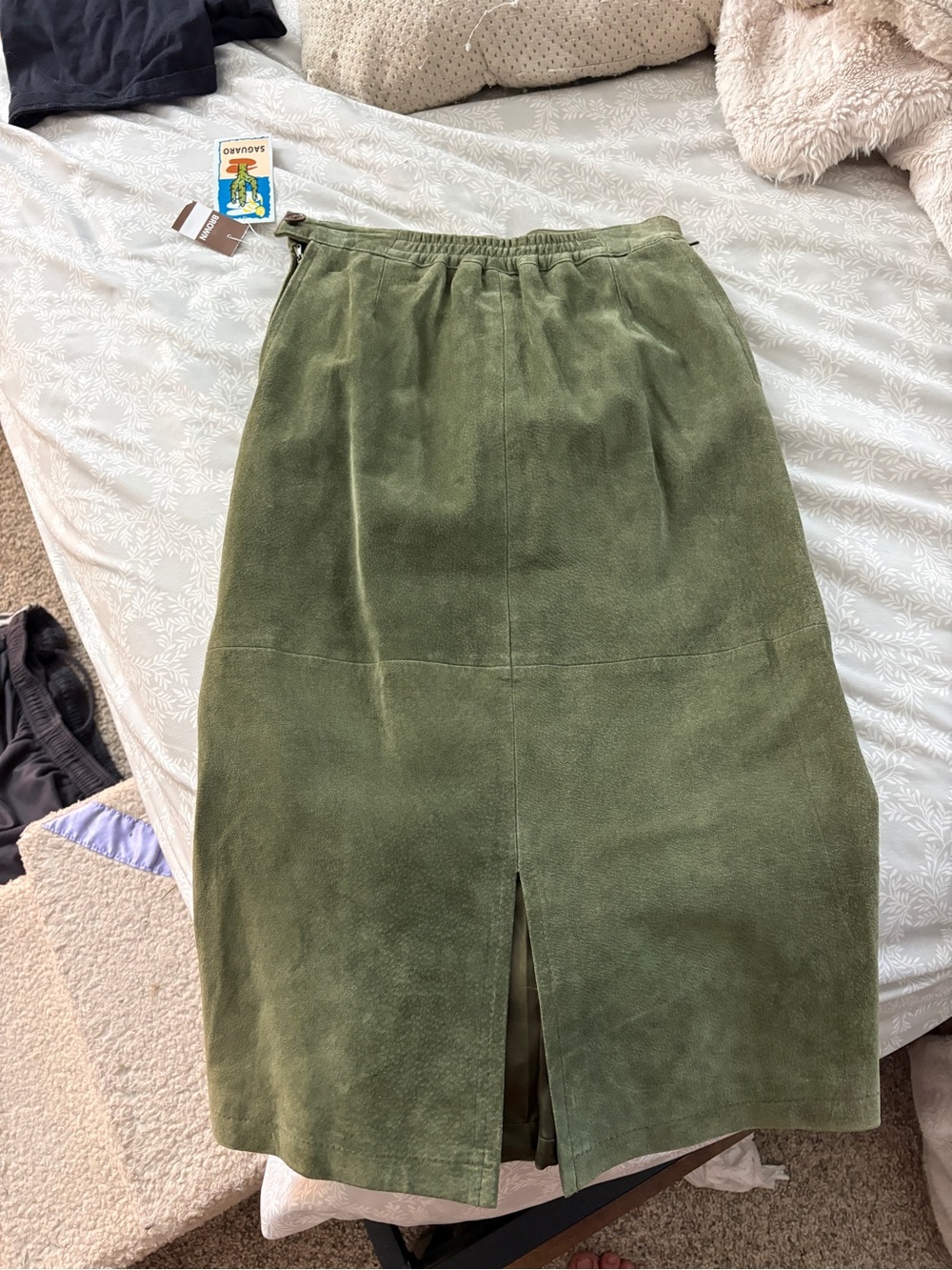 Olive Green Suede Midi Skirt with Slit